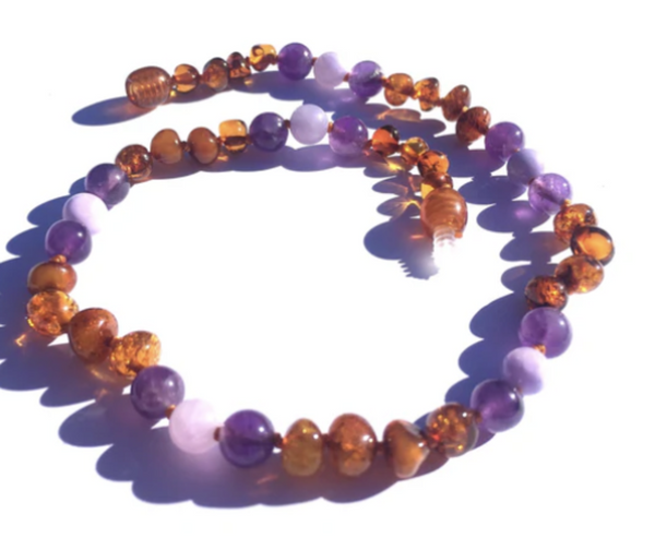 Medium:Momma Goose-Baltic Amber Baby Necklace- Amethyst & Rose Quartz ||Violet-1061M