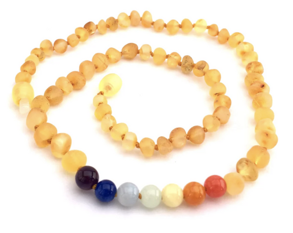 Medium:Momma Goose-Baltic Amber Baby Necklace-Raw Lemon/Gem Rainbow-1058M