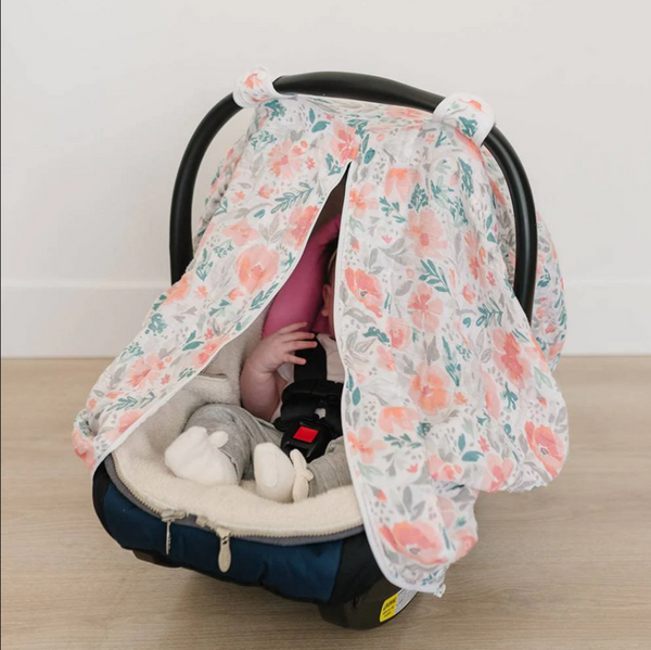 Bebe Au Lait White w/ Abstract Brown Leaves Muslin Car Seat Cover w/ Zipper