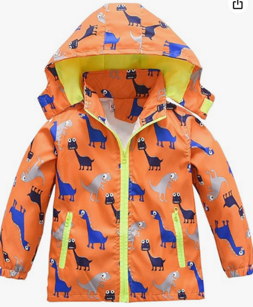 Size 6-7 (120): HZXVic Orange Dinosaur Print Zip-Up Windbreaker-NEW