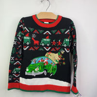 Size 4-5: Holiday Time Black w/Santa in Green Vinyl Van Red Green Holiday Pattern Sweater