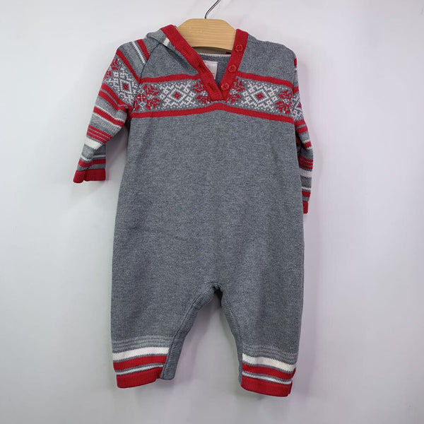 Size 6-12m: (70): Hanna Andersson Grey w/ Red/White Snowflake Hooded Knit Romper