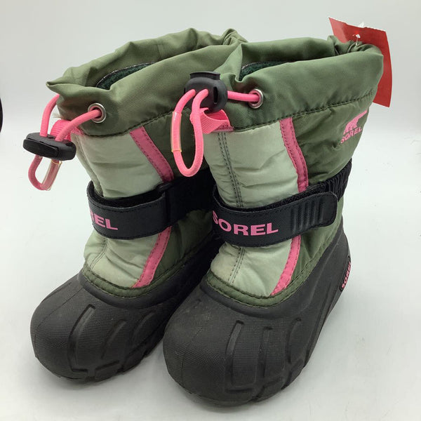 Size 6: Sorel 2-Tone Green w/Pink Details Velcro Toggle Snow Boots