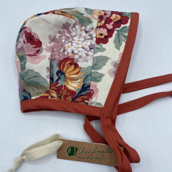 Size 0-3m: Handmade Hazel Locally Made Reversible Bonnet w/Sun Brim - Red/Pink/Green Floral
