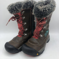 Size 1Y: Keen Brown w/ Red/Blue Lace Up Zip Up Snow Boots