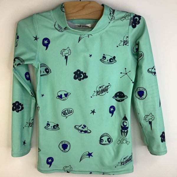 Size 4: Soft Gallery UPF 50+ Turquoise Planets & Clouds Doodles Long Sleeve Swim Shirt