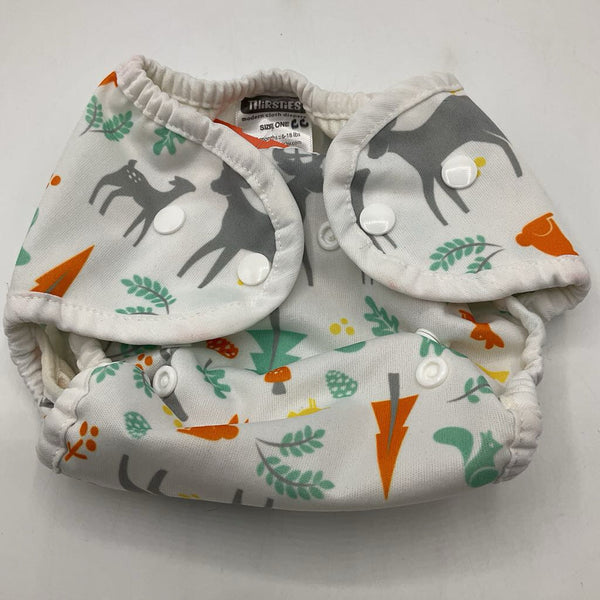 Size 0-9m: Thirsties White Forest Animals Snap Diaper Cover