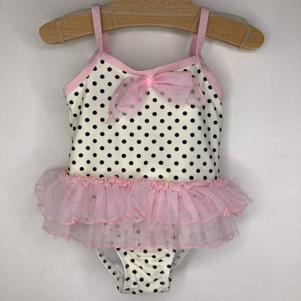 Size 6-9m: Little Me White/Black Polka Dots/Pink Ruffled 1pc Swimsuit
