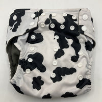 Size OS: Snappies White & Black Cow Spots Snap Adjustable Fleece Lined Reusable Diaper