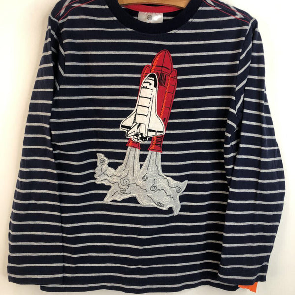 Size 6-7 (120): Hanna Andersson Navy Blue & Grey Striped Space Shuttle Patch Long Sleeve T