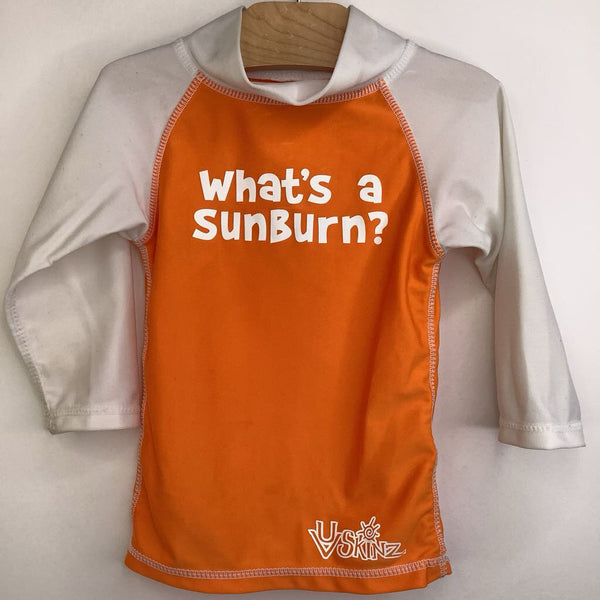 Size 12m: UV Skinz White and Orange 50 UPF 'Whats a sunburn?' Long Sleeve Baseball Swim Shirt