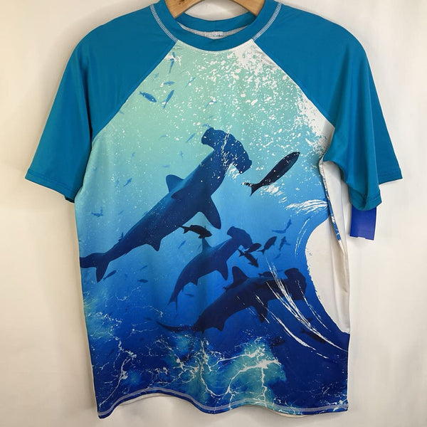 Size 14-16: Lands' End White/Blue Underwater Hammerhead Shark Short Sleeve Swim Shirt