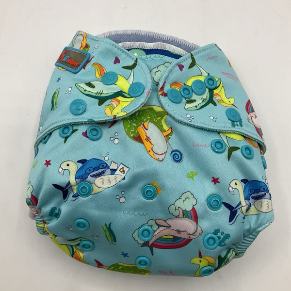 Size OS: Little Helpers Light Blue Shark Pool Party Adjustable Snap Reusable Diaper w/ Liners