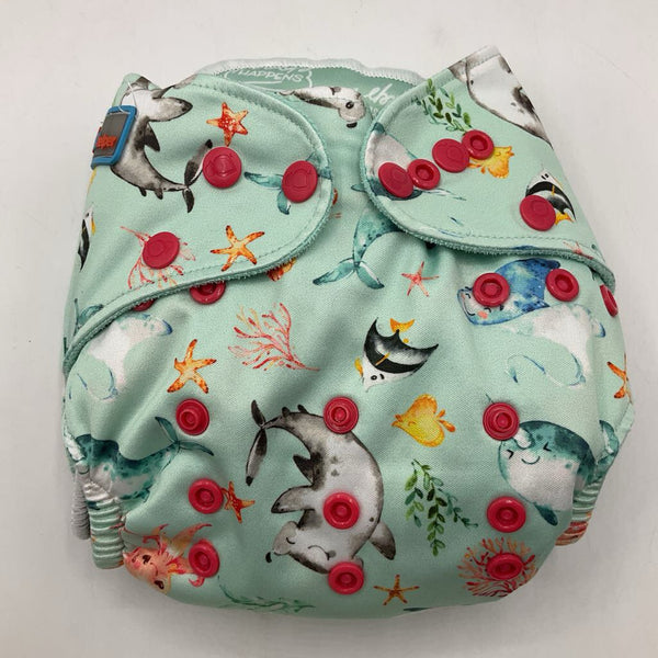 Size OS: Little Helpers Sea Green Fish, Octopus, Sharks, Narwhals Adjustable Snap Reusable Diaper w/ Liners