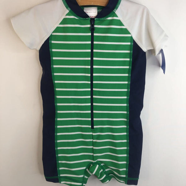 Size 12-18m (75): Hanna Andersson Green & White Striped Blue Sides Short Sleeve Rash Guard 1pc Swim Suit