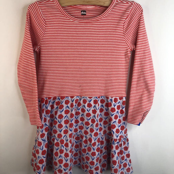 Size 4: Tea Collection Orange & White Striped Red Flower Skirt Long Sleeve Dress