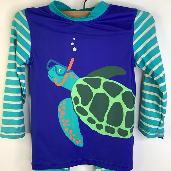 Size 7-8: Mini Boden UPF 40+ Teal & White Striped Blue Sea Turtle Long Sleeve Rash Guard Set