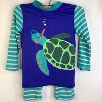 Size 7-8: Mini Boden UPF 40+ Teal & White Striped Blue Sea Turtle Long Sleeve Rash Guard Set