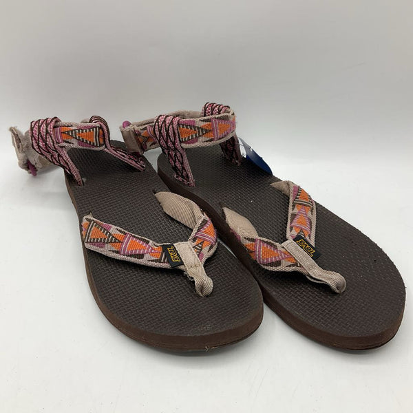 Size 6Y: Teva Brown/Pink Triangles Velcro Strap Sandals