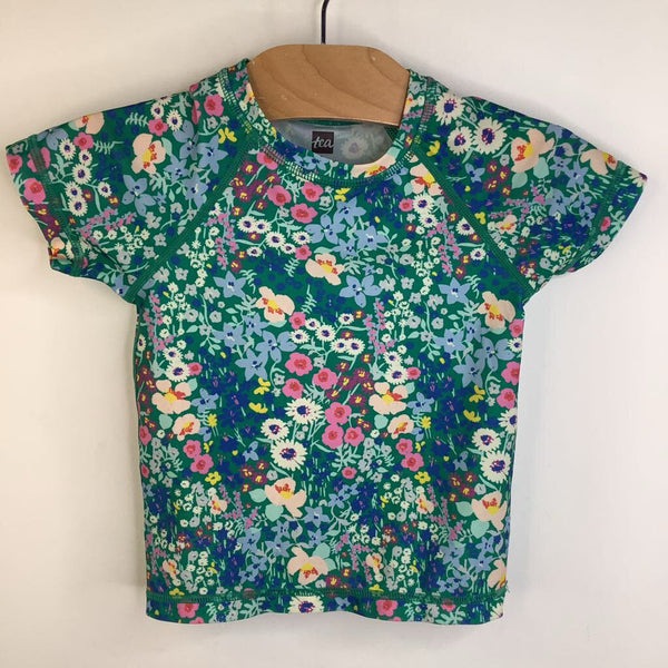 Size 2: Tea Collection Green Colorful Floral Short Sleeve Swim Shirt