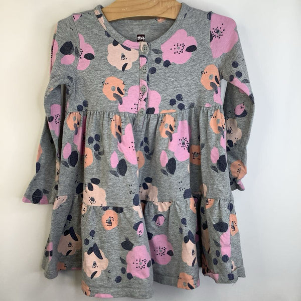 Size 4: Tea Collection Grey Pink/Peach Flower Long Sleeve Dress