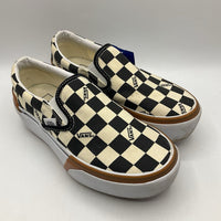 Size 3.5Y: Van Black/Creme Checkered/Logo Platform Slip-On Sneakers