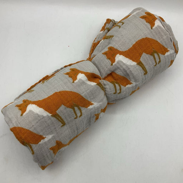 Milkbarn Light Grey Orange Fox Swaddle Blanket