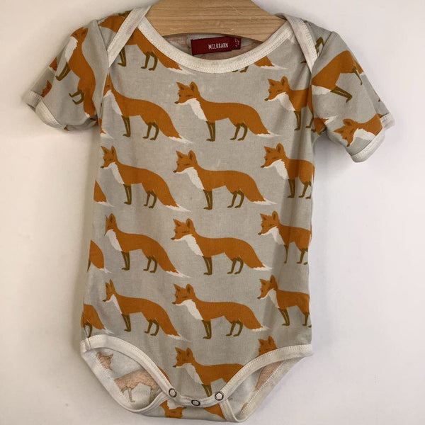 Size 6-12m: Milkbarn Light Green Orange Fox Short Sleeve Onesie