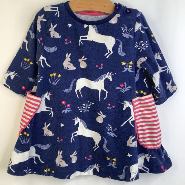 Size 2-3: Mini Boden Navy Blue Bunnies & Unicorn Long Sleeve Dress w/ Pockets