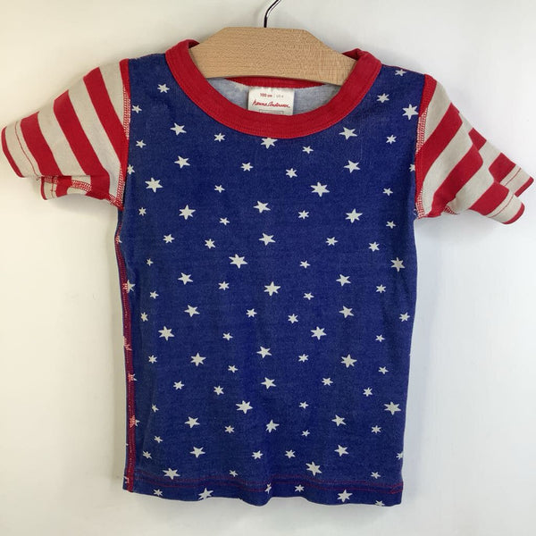 Size 4 (100): Hanna Andersson Blue Red/White /Blue Stars/Stripes Short Sleeve Short 2pc PJS