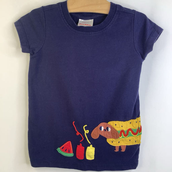 Size 5 (110): Hanna Andersson Navy Blue Dog in Hot Dog Costume Patch T-Shirt