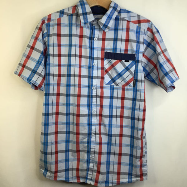 Size 14-16: Columbia Blue & Red Plaid Short Sleeve Button-up Shirt