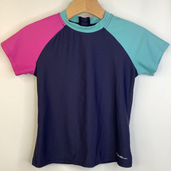 Size 10-12: Eddie Bauer Navy Blue, Pink & Turquoise Short Sleeve Swim Shirt