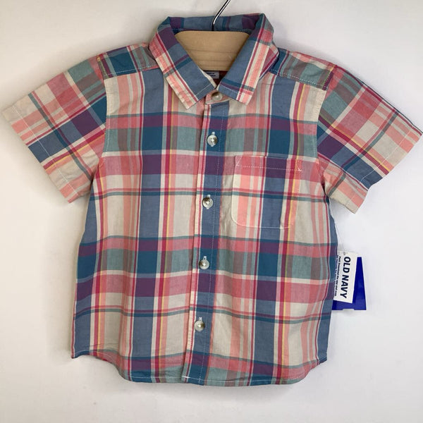 Size 18-24m: Old Navy Pastel Pink/Green/Blue Plaid Collared Short Sleeve Button-up Shirt NEW w/ Tag