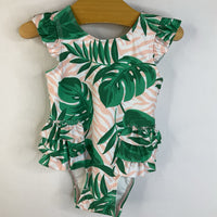 Size 6m: Tucker + Tate White/Pink Zebra Print & Green Leaves Ruffle Butt Tank 1pc Swimsuit