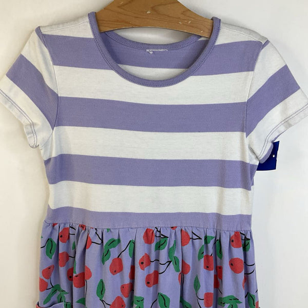 Size 8 (130): Hanna Andersson Lavender & White Striped Cherry Skirt Short Sleeve Dress