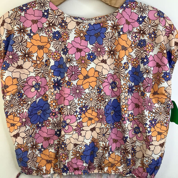 Size 13-14: Zara Beige Colorful Floral Pattern Cropped Cap Sleeve Shirt