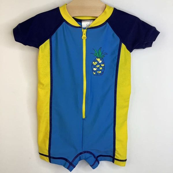 Size 3-6m (60): Hanna Anderson Blue/Yellow Pineapple Short Sleeve Zip Up 1pc Swimsuit