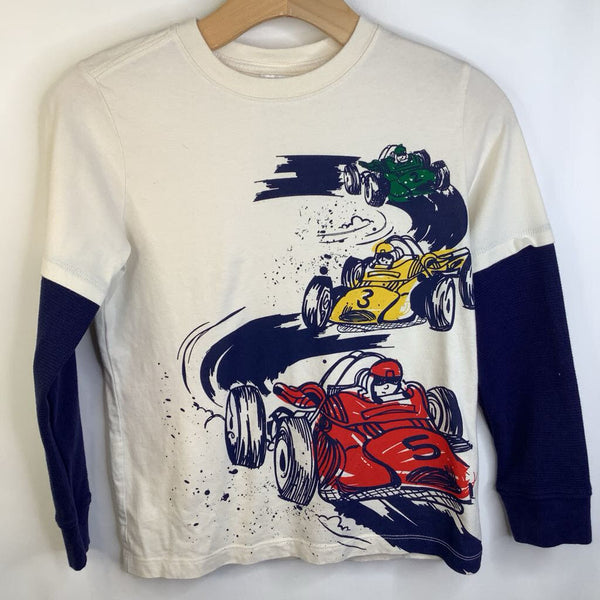 Size 8 (140): Hanna Anderson White Blue Racecars Long Sleeve T-Shirt