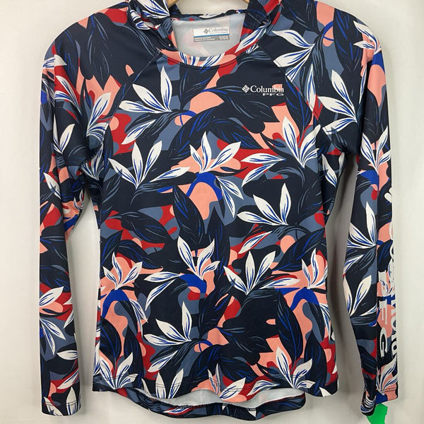 Size 10-12: Columbia PFG Black Peach/Red Plant Design Hooded Long Sleeve T