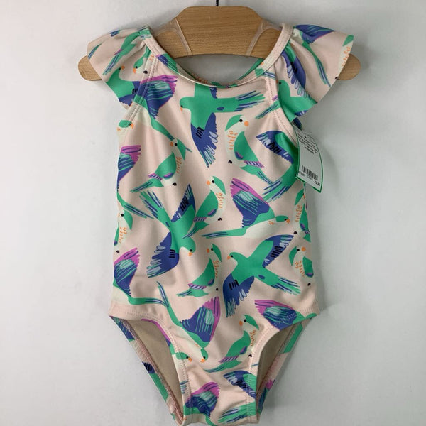 Size 12-18m: Tea Pink Parakeets Tank Ruffle Sleeve 1pc Swimsuit