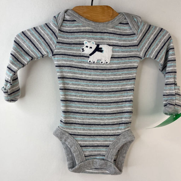 Size Preemie: Carter's Grey Blue & White Striped Polor Bear Patch Long Sleeve Onesie