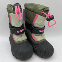 Size 7: Sorel Green & Pink Toggle Single Strap Insulated Snow Boots