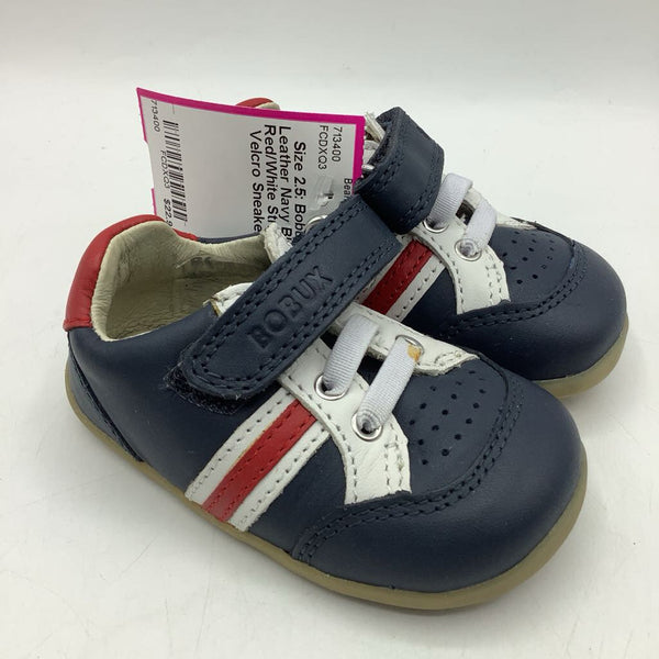 Size 2.5: Bobux Leather Navy Blue Red/White Striped Velcro Sneakers