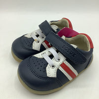 Size 2.5: Bobux Leather Navy Blue Red/White Striped Velcro Sneakers