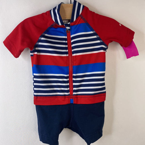 Size 0-3m: Columbia Red/Blue/Navy/White Striped Short Sleeve Short Rash Guard Swim Suit