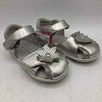 Size 6: Pediped Silver Flower Velcro Closed Toe Sandals NEW