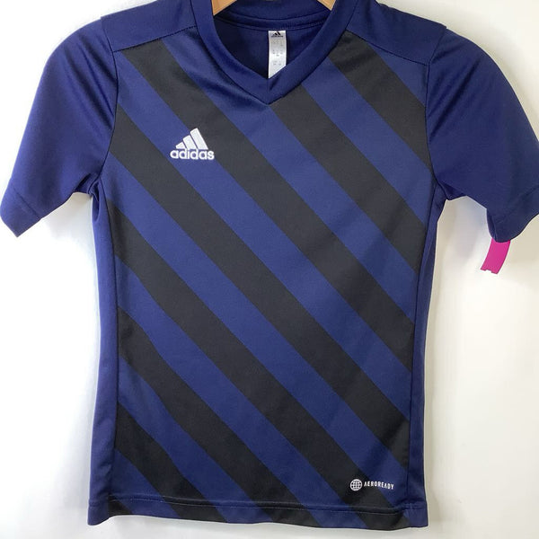 Size 9-10: Adidas Blue & Black Striped V-Neck Short Sleeve Soccer Jersey