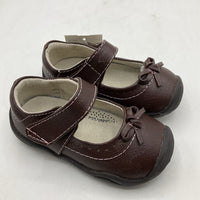 Size 4: Pediped Isabella/CHOCOLATE Brown Pink Stitching Mary Jane Velcro Shoes NEW