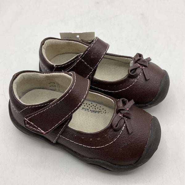 Size 4: Pediped Isabella/CHOCOLATE Brown Pink Stitching Mary Jane Velcro Shoes NEW